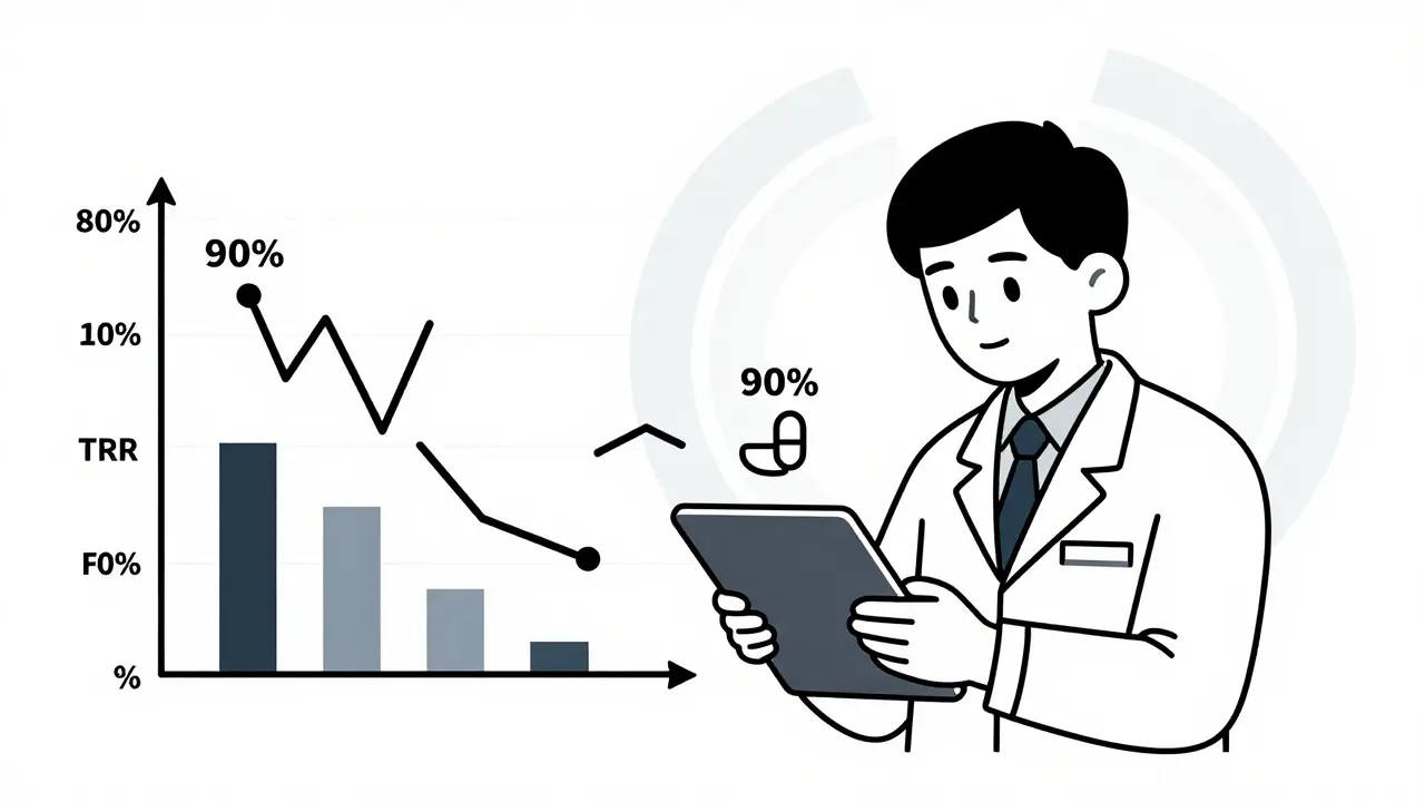 Scientist viewing bioequivalence confidence intervals and replicate design patterns in monoline style.