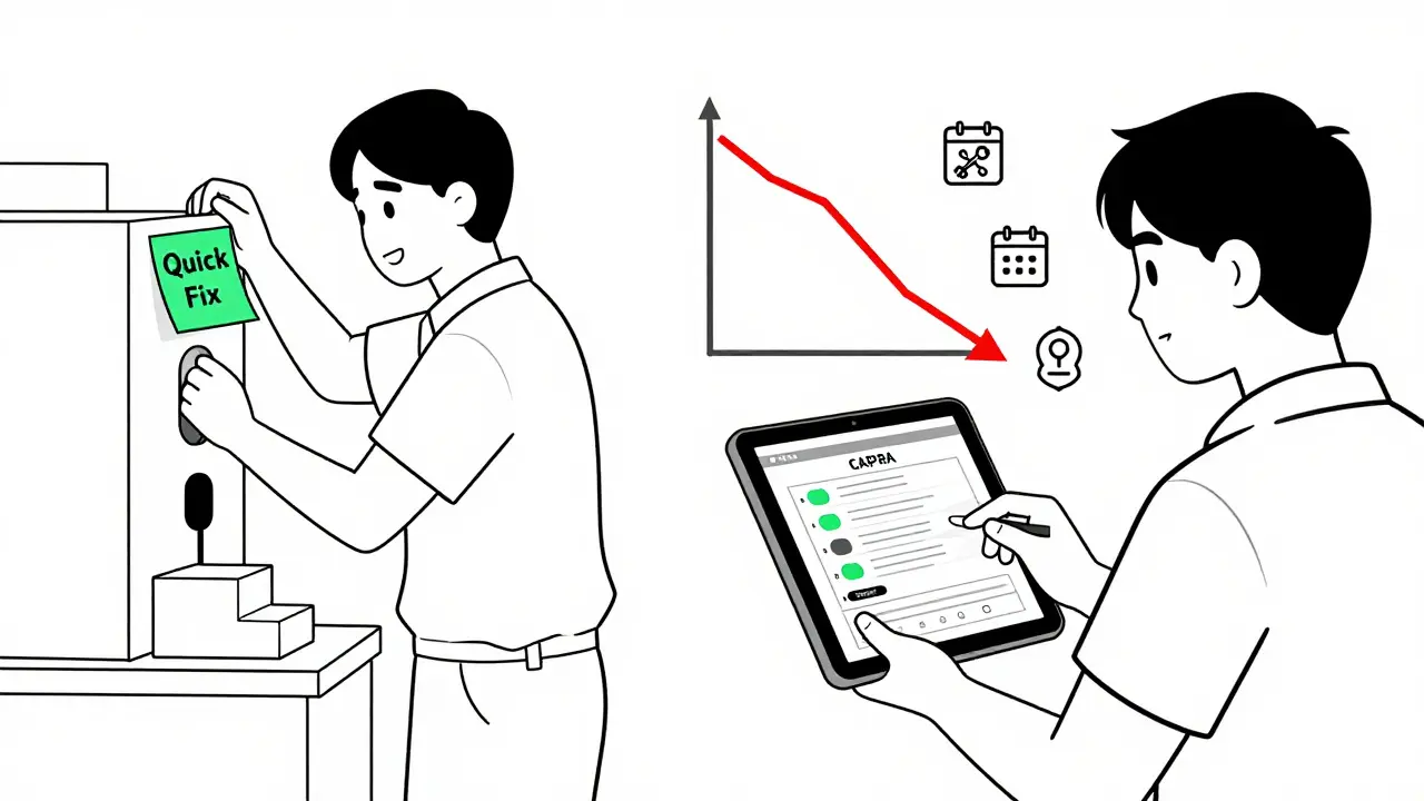 Split scene: quick fix vs. digital CAPA system with root cause icons and declining defect graph.