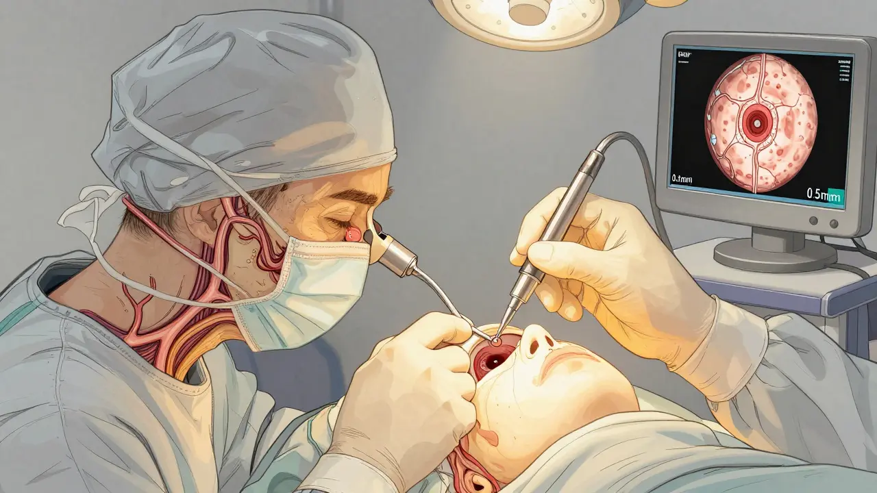 Surgeon performing transsphenoidal surgery to remove a pituitary tumor using an endoscope through the nose.