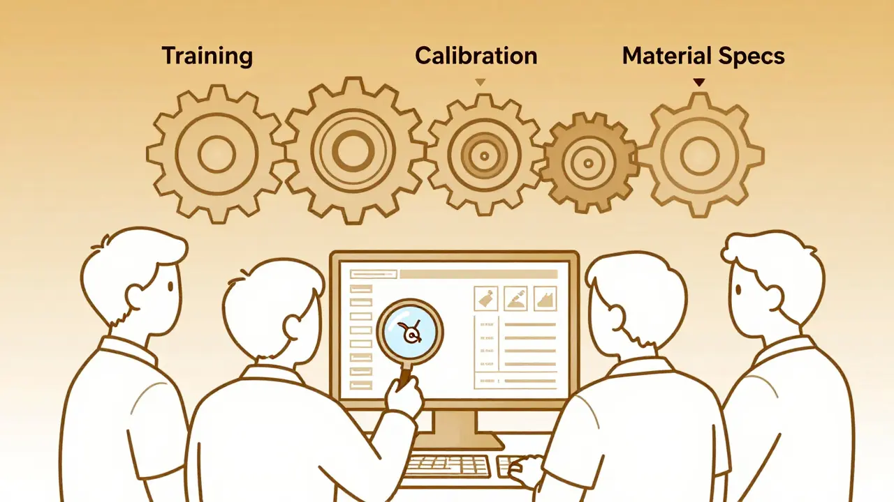Team analyzing production data with magnifying glass over a loose wire, aligned gears symbolizing systemic fix.