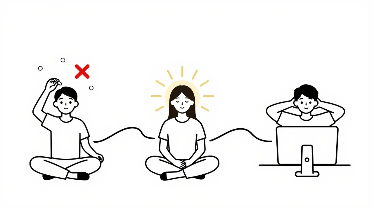 Three life paths showing medication, meditation, and posture correction for tension headaches.