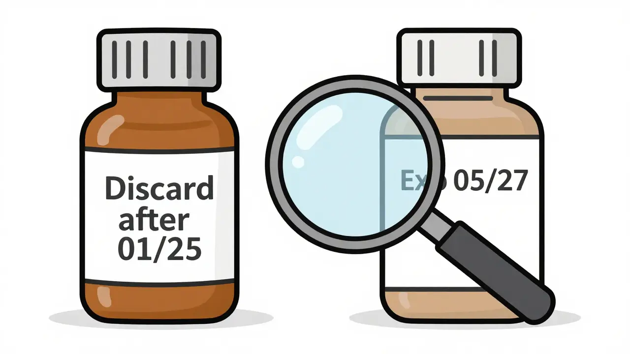 Two medicine bottles side by side, one with pharmacy discard date, one with manufacturer expiration date.