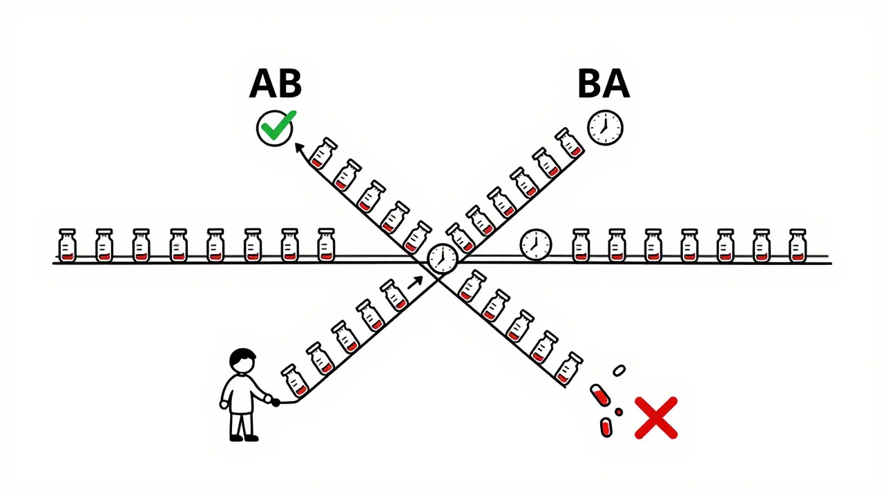 Two trial sequences showing correct and failed washout periods with blood samples and clocks.