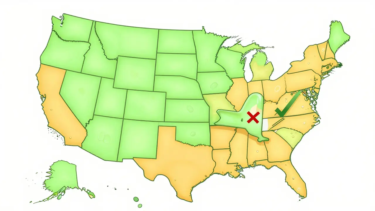 U.S. map showing states with presumed consent versus those requiring explicit permission for drug substitution.