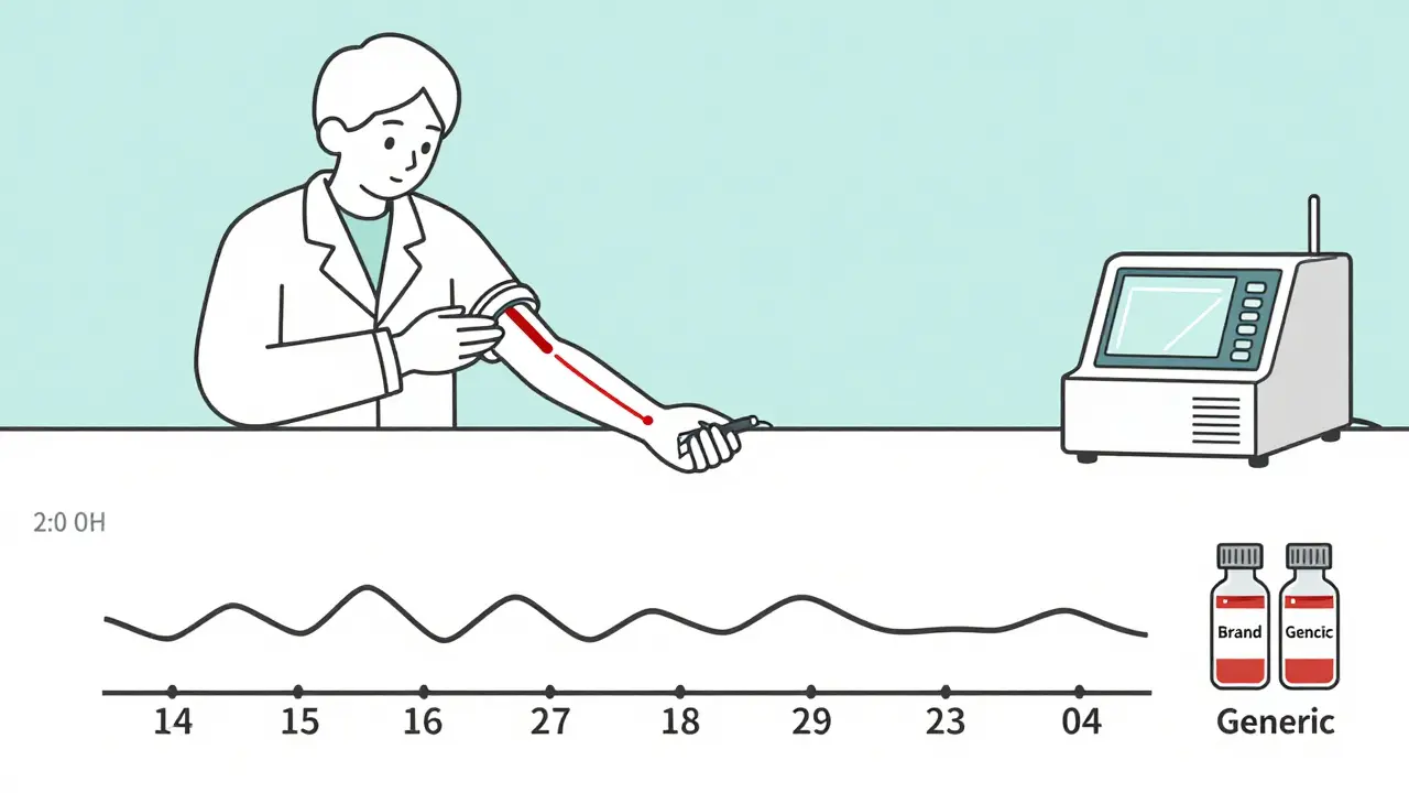 Volunteer in lab with blood draws over time, showing matching drug concentration curves.