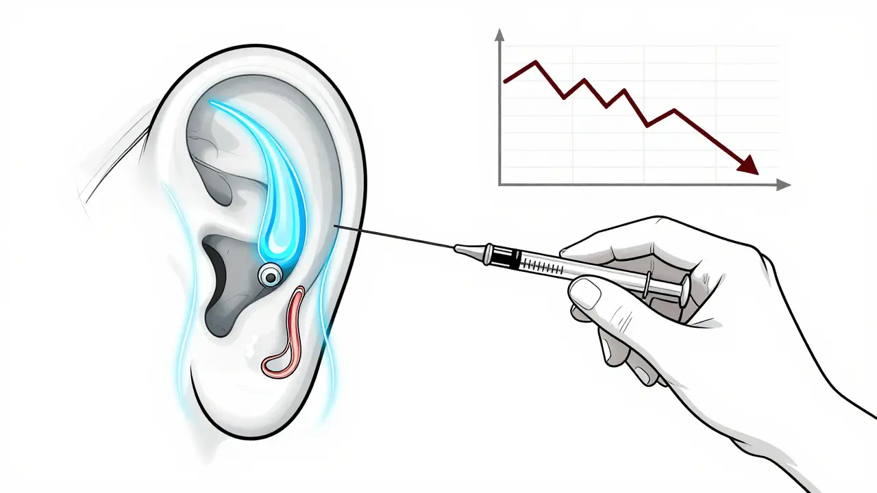 3D scan of inner ear with fluid buildup and steroid injection, showing reduced vertigo over time