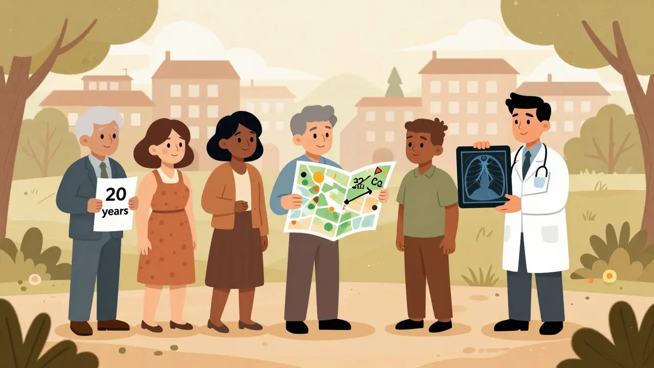 A diverse group in a rural setting with a map showing distance to screening centers.