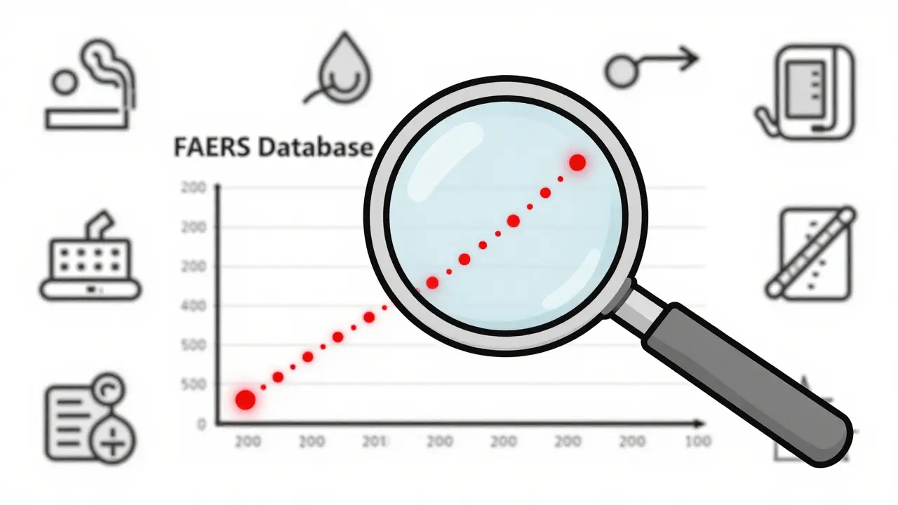 A magnifying glass examines data dots, highlighting only a few potential drug side effects among many unrelated factors.