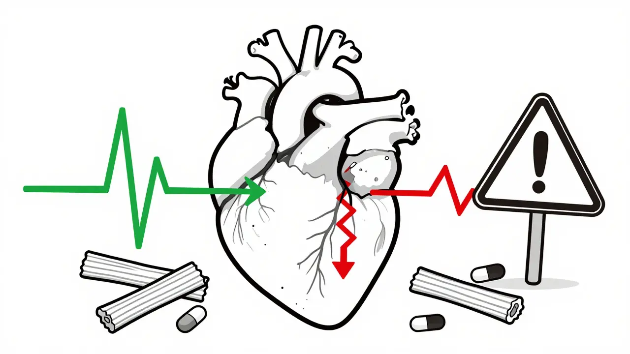 A split heart illustration contrasts healthy rhythm with licorice-induced arrhythmia and low potassium.