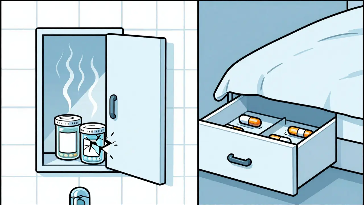 Bathroom vs bedroom storage affecting medication condition.