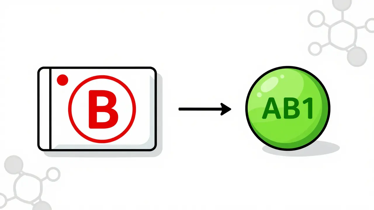 Comparison of brand drug with B code and generic with AB1 code, connected by an equivalence arrow.