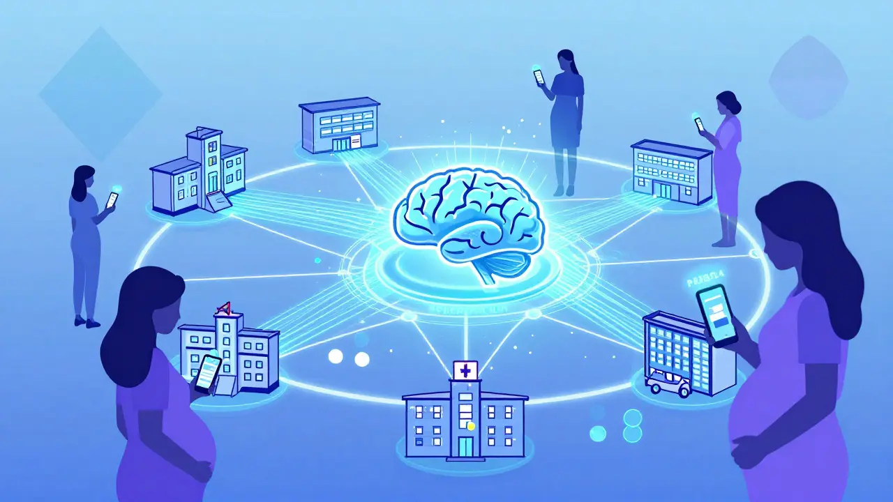 Connected healthcare network transmitting pregnancy safety data via AI system