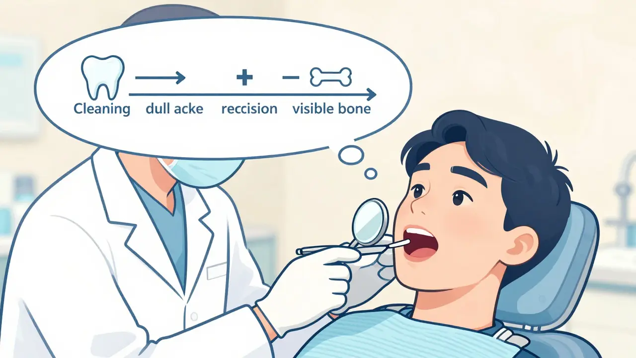 Dentist examining mouth revealing exposed jawbone, thought bubble shows symptom progression