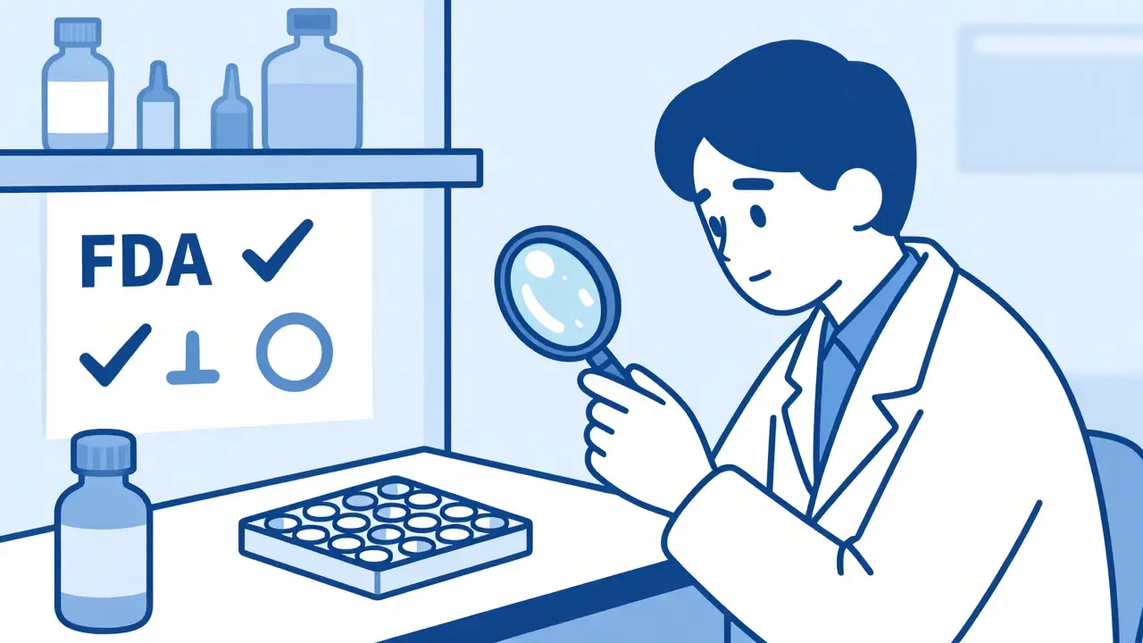 FDA inspector checking pill batch quality in lab.