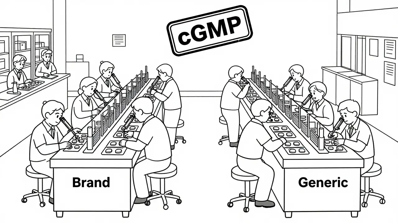 Identical drug production lines for brand and generic medications in a factory.