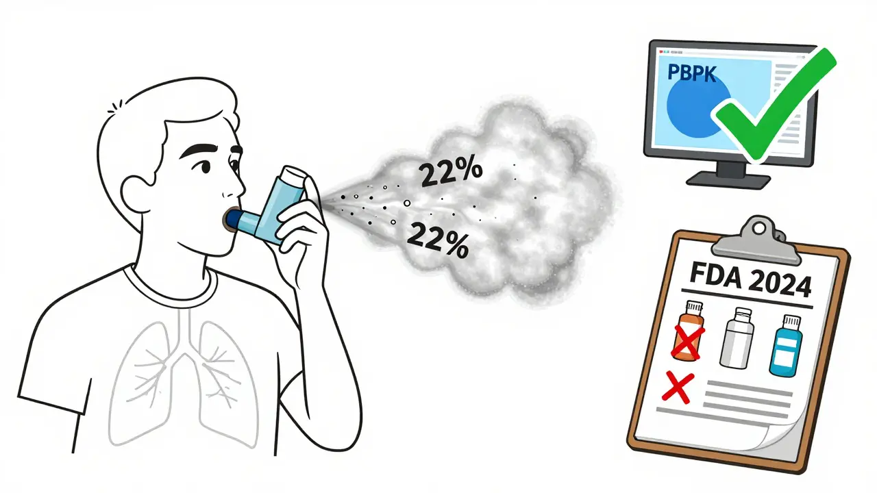 Patient using an inhaler with uneven drug delivery compared to the brand version, with PBPK simulation above.