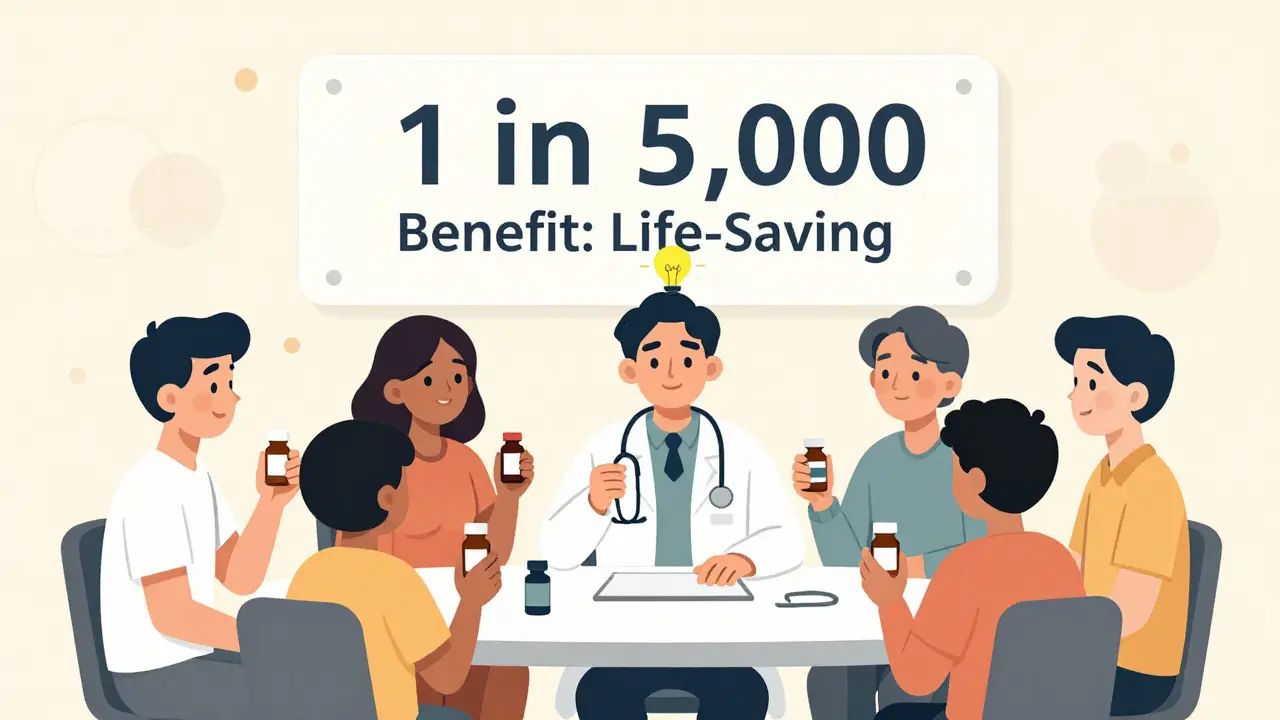 Patients and a doctor discuss medication risks with clear percentages and benefits displayed above them.
