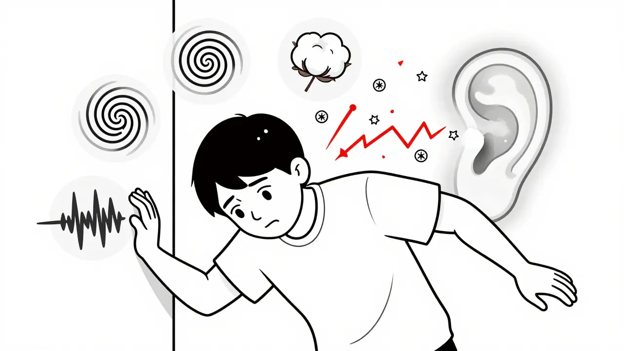 Person experiencing vertigo with floating icons representing tinnitus, fullness, and spinning