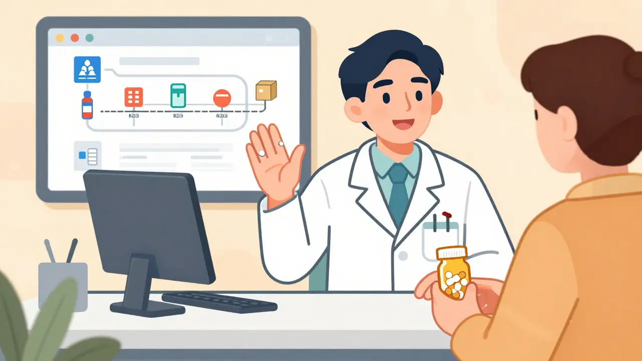 Pharmacist explaining generic differences using pills and a digital medication history display