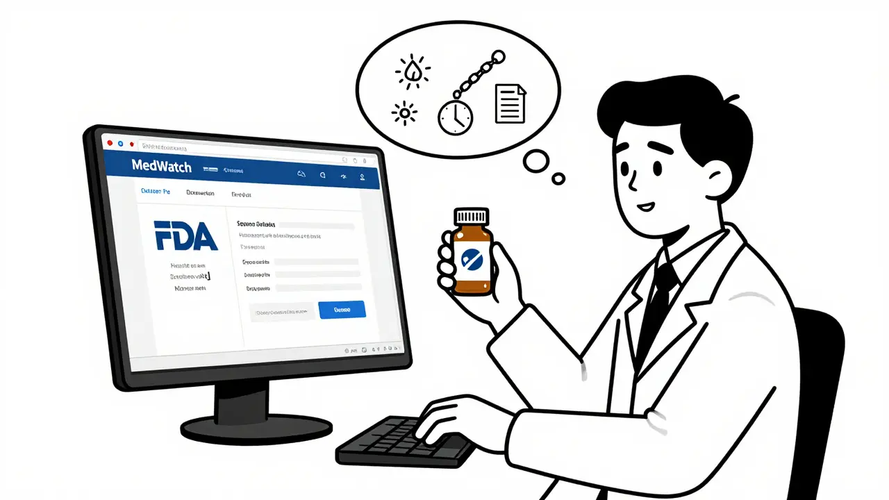 Pharmacist submitting an adverse event report via FDA's MedWatch portal with pill bottle in hand.