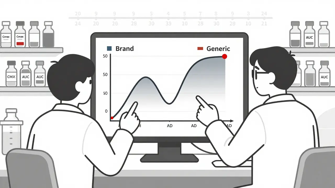 Scientists comparing blood concentration graphs of brand and generic drugs in a lab.