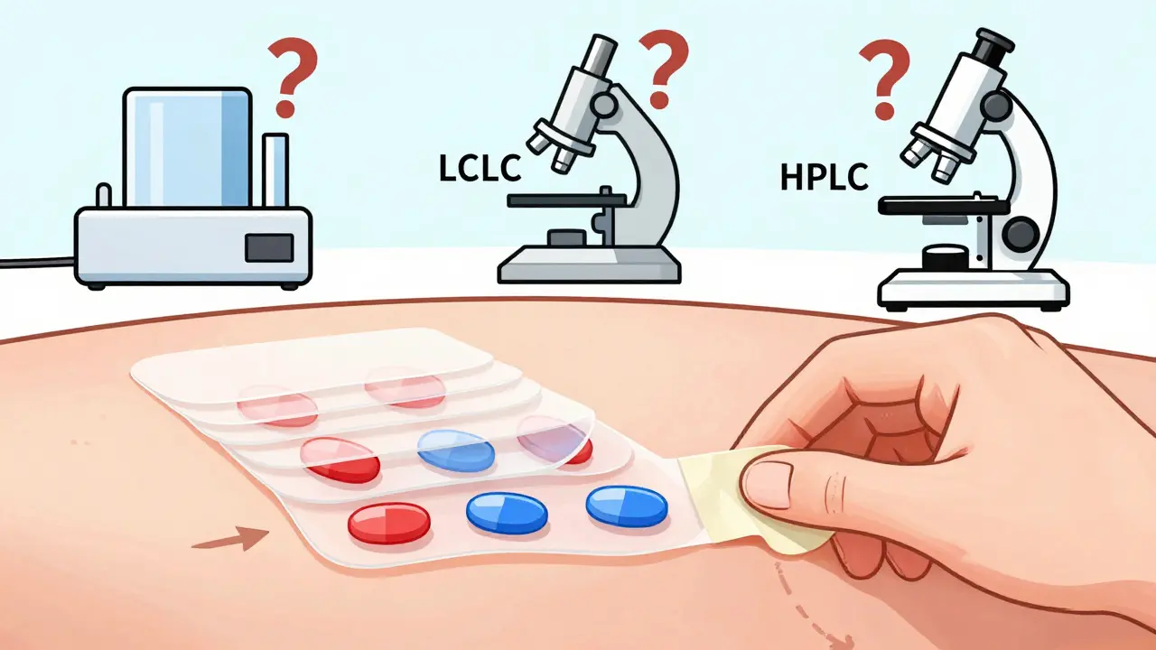 Tape-stripping skin layers to measure topical drug penetration, with conflicting lab equipment nearby.