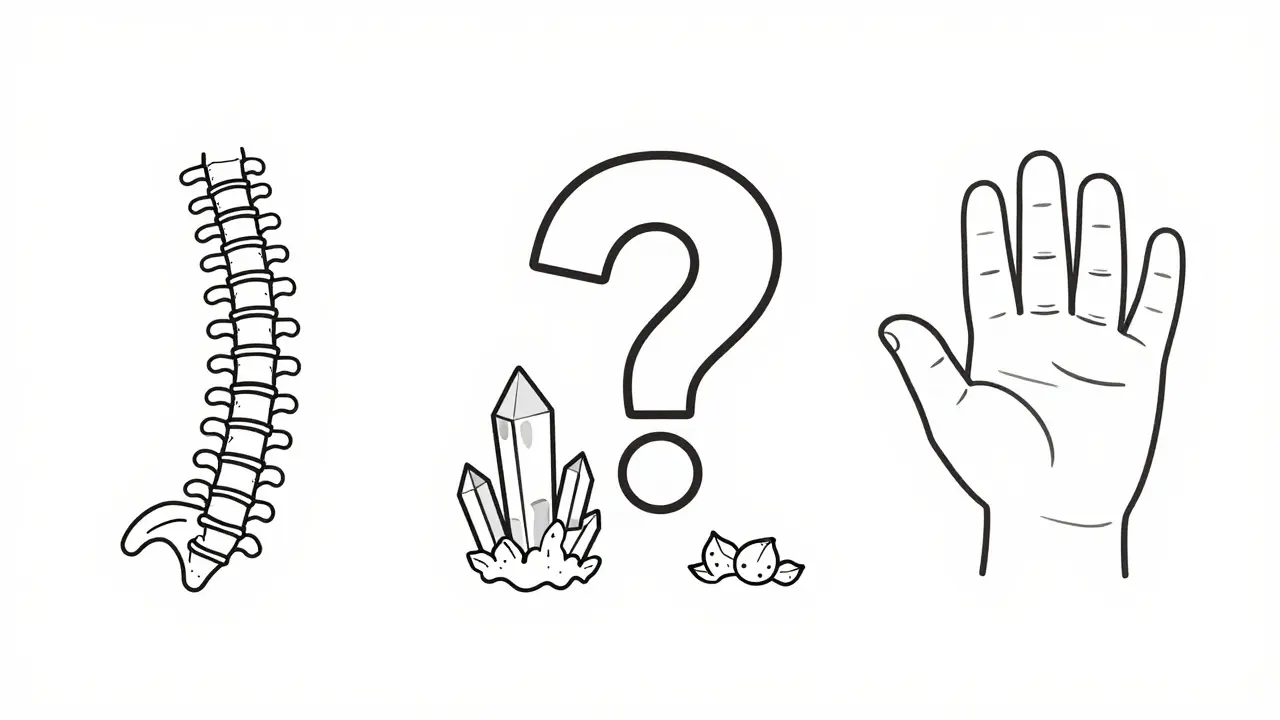 Three arthritis types illustrated as symbolic icons: fused spine, gouty toe, and swollen child's fingers.