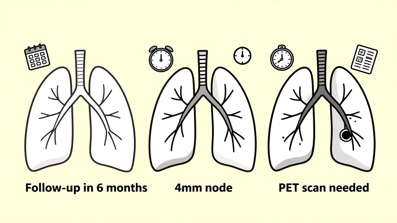 Three lung images showing different nodule sizes with labels for follow-up steps.