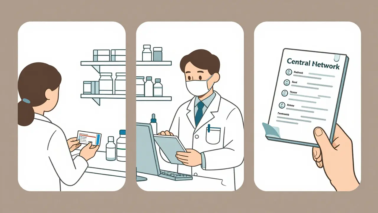 Three-panel pharmacy workflow showing patient interaction, documentation, and automated reporting.