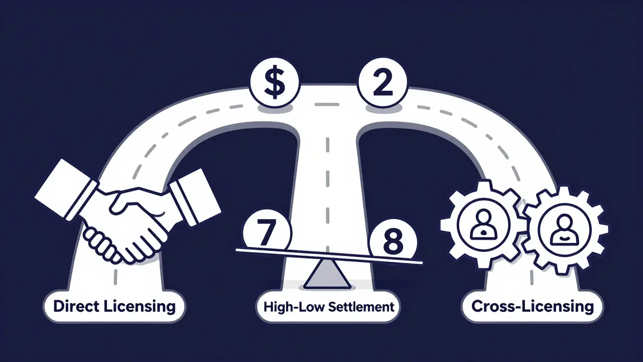 Three pathways representing patent settlement methods: licensing, high-low, and cross-licensing.