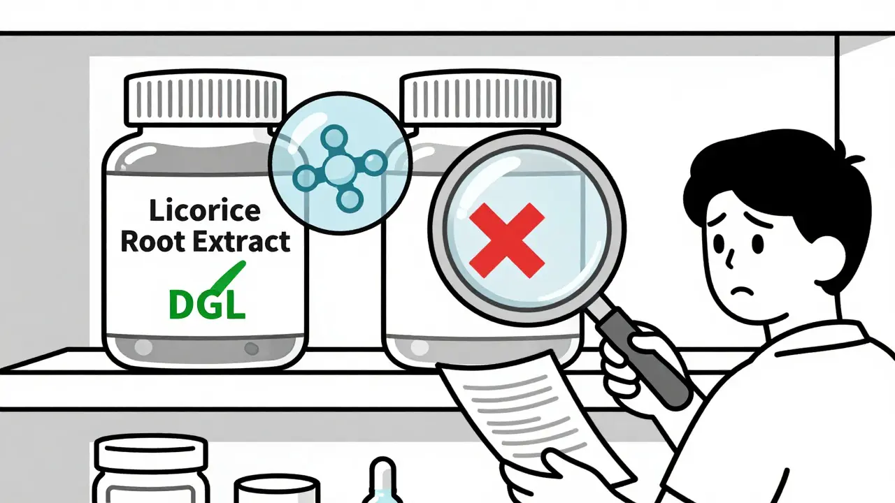 Two licorice supplement jars on a pharmacy shelf—one safe (DGL), one dangerous—under a magnifying glass.