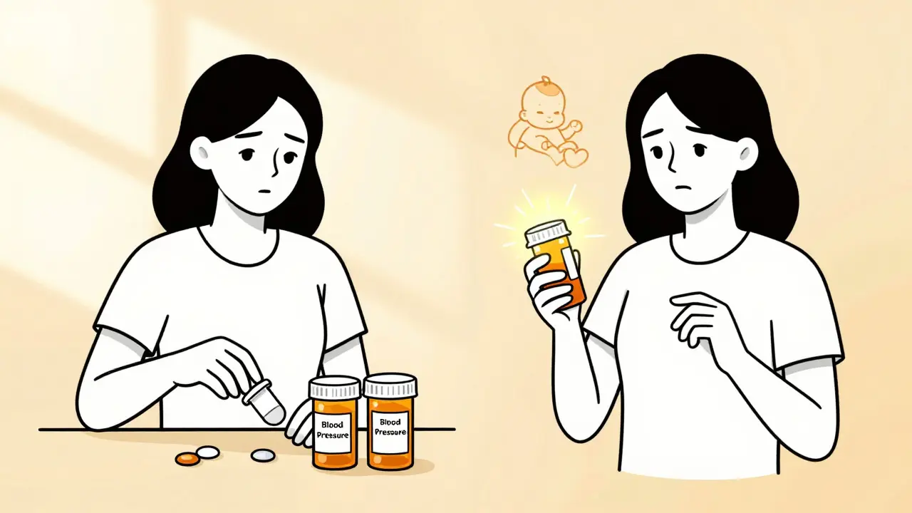 Woman choosing to keep essential medications during pregnancy with folic acid supplement