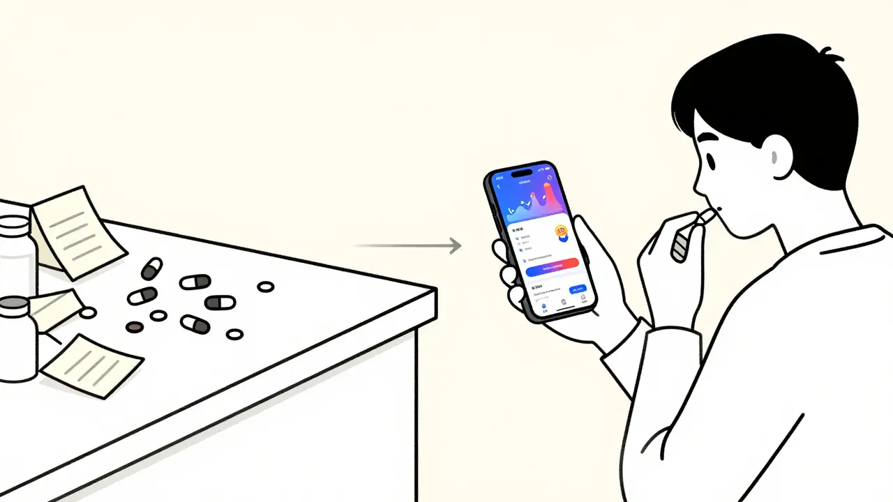 A before-and-after visual comparing messy pill storage to a clean, organized digital medication tracking interface.