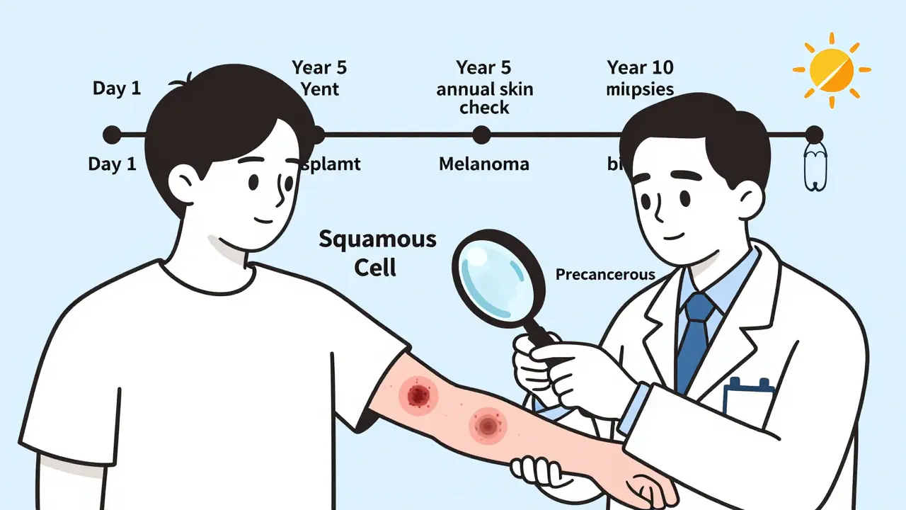 A dermatologist examining skin lesions on a transplant patient's arm during an annual checkup, with sun and time symbols in the background.