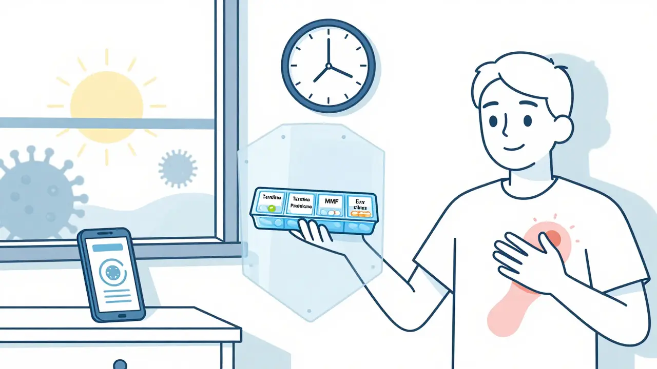 A patient taking daily transplant medications with a pill organizer and phone reminder, while faint illness symbols hover nearby.