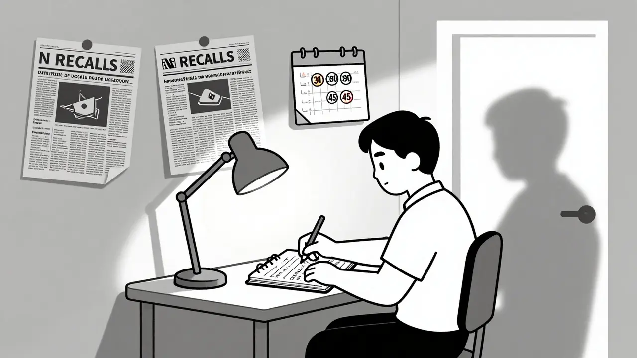 A worker documents quality issues at night with a journal, deadlines visible on a calendar, shadow looming nearby.