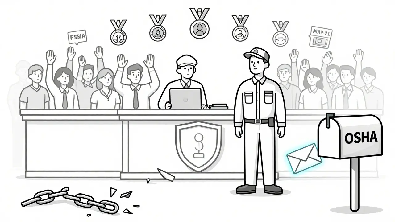 A worker stands before a shield-shaped courtroom with federal protection icons, a broken chain and anonymous report envelope.