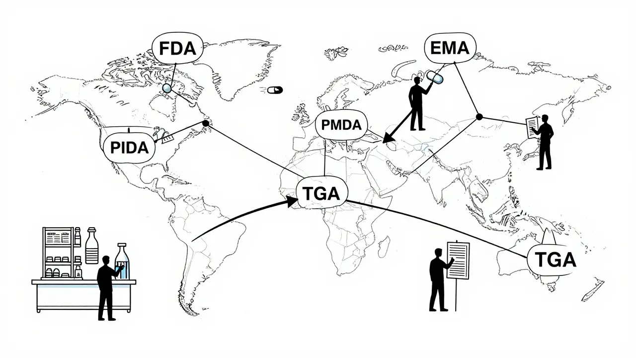 Global inspection network with pill journey from factory to pharmacy, blocked by violations, monoline illustration.