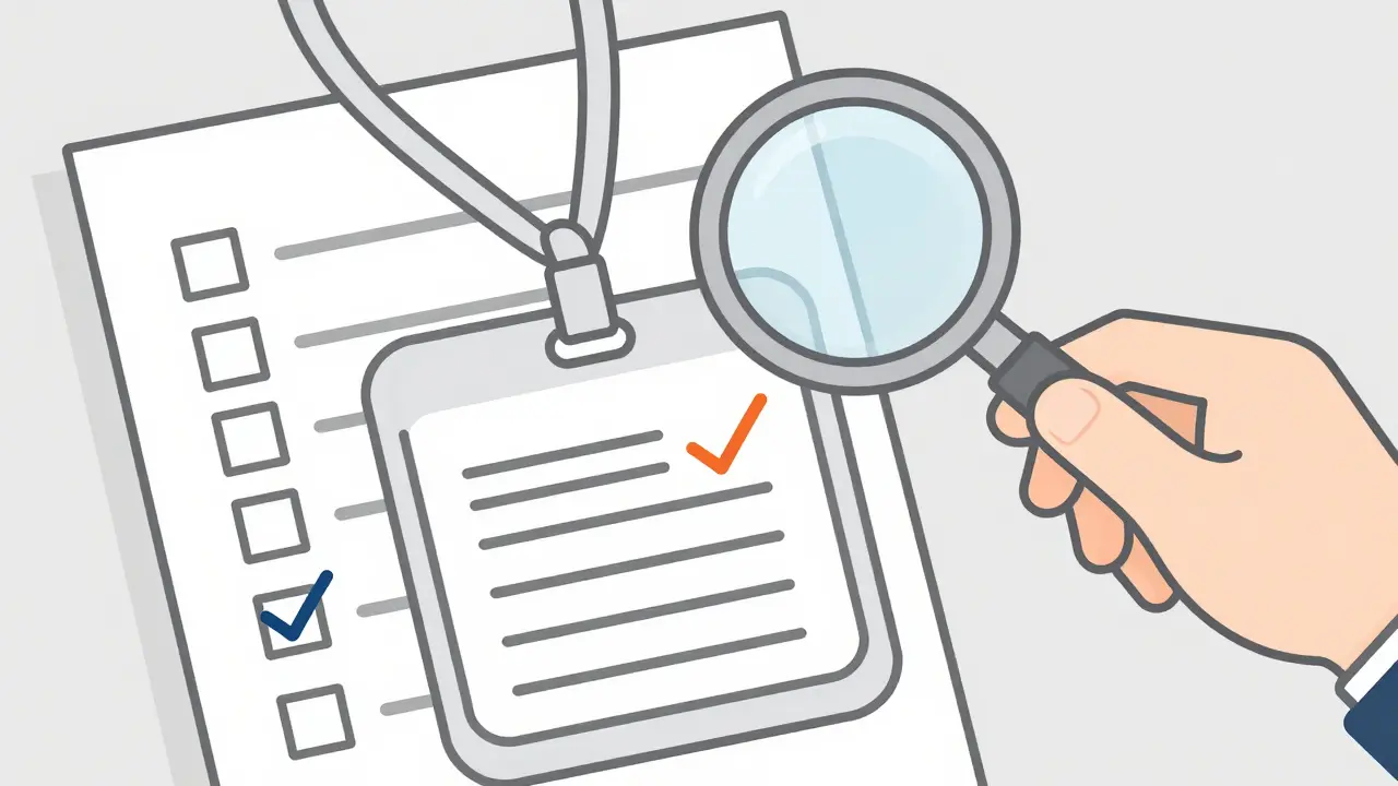 Hand holding license badge under magnifying glass inspection