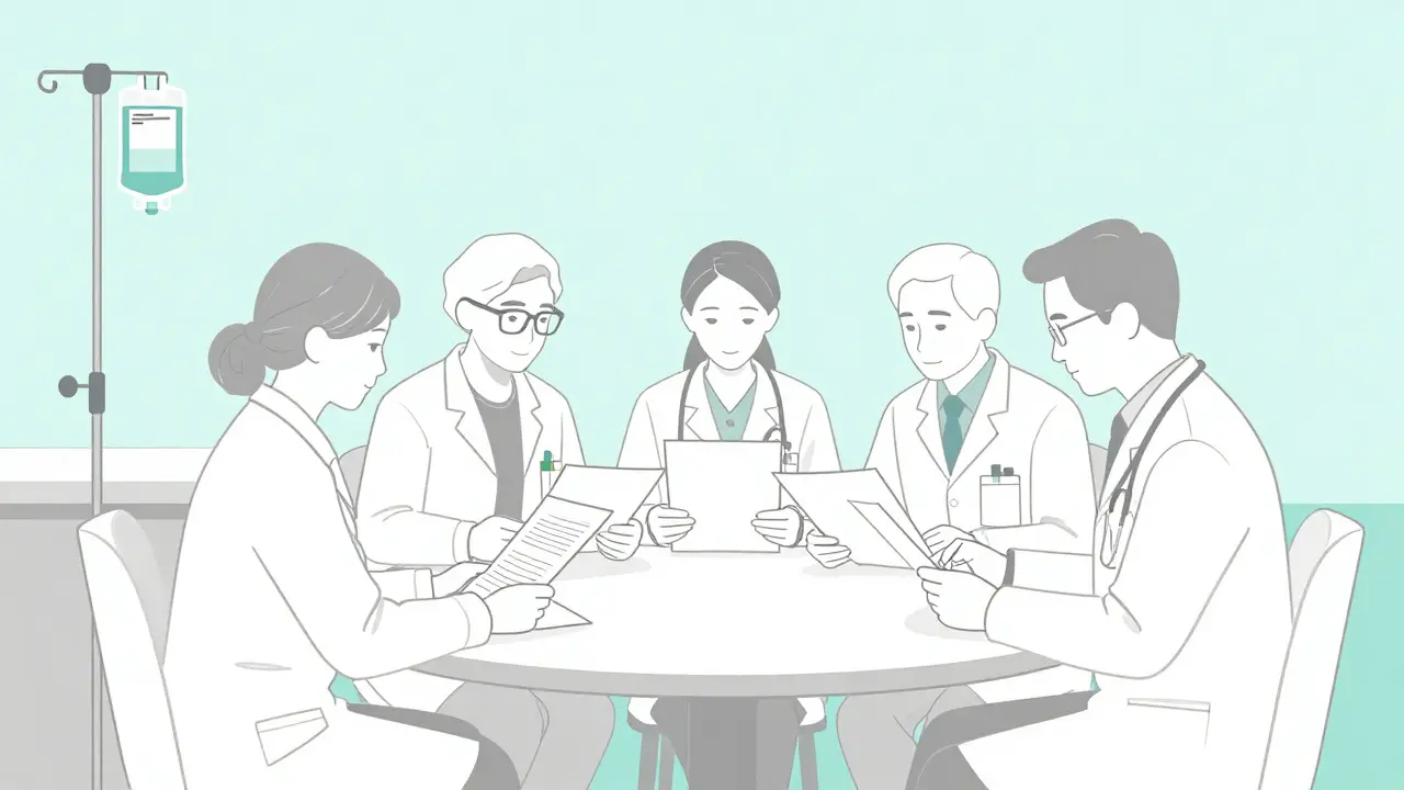 Medical team discussing treatment protocols in hospital meeting room.