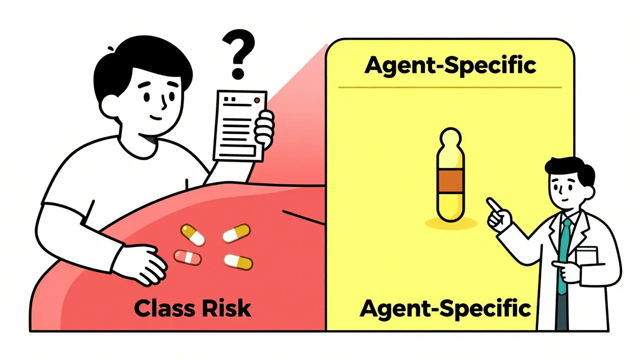 Patient confused by drug warnings, shown with split-screen of class-wide and drug-specific alerts, illustrated in clean monoline style.