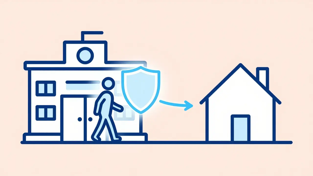 Patient transitioning from hospital to home with safety shield graphic.
