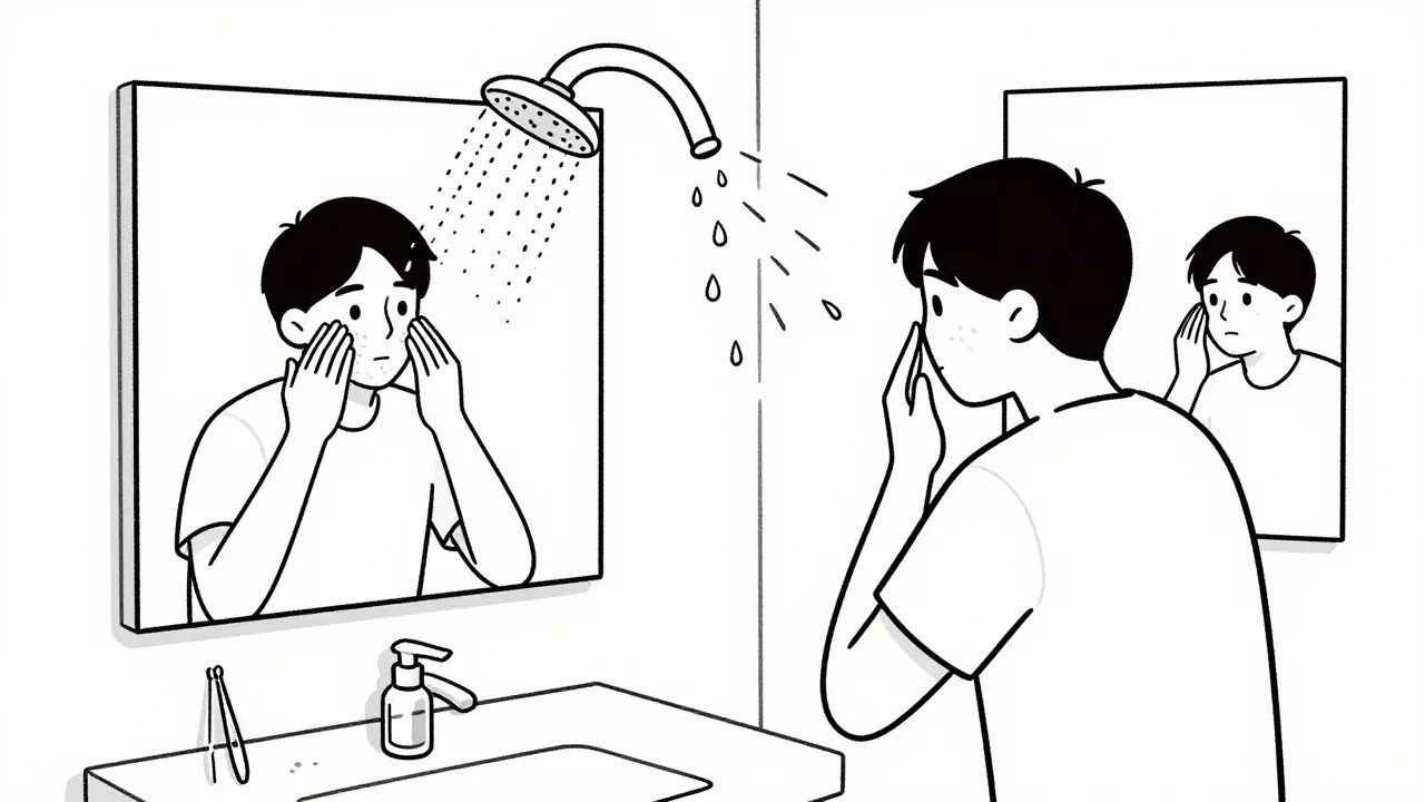 Person showering and checking skin for ticks