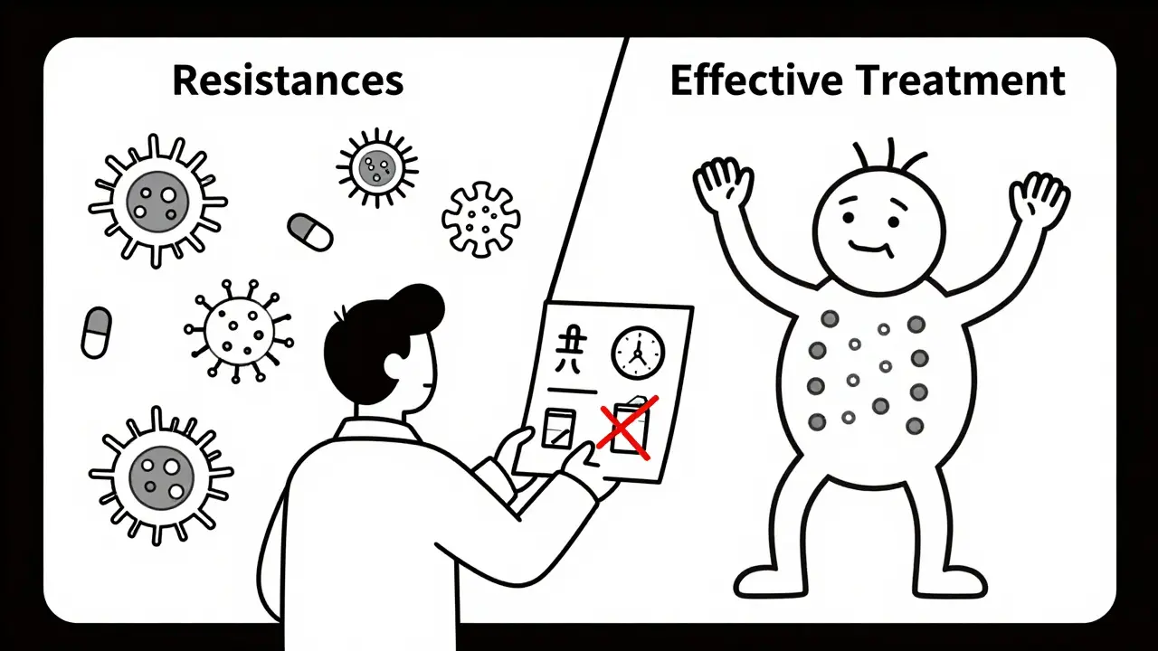 Pharmacist giving timing chart to avoid dairy with antibiotics.