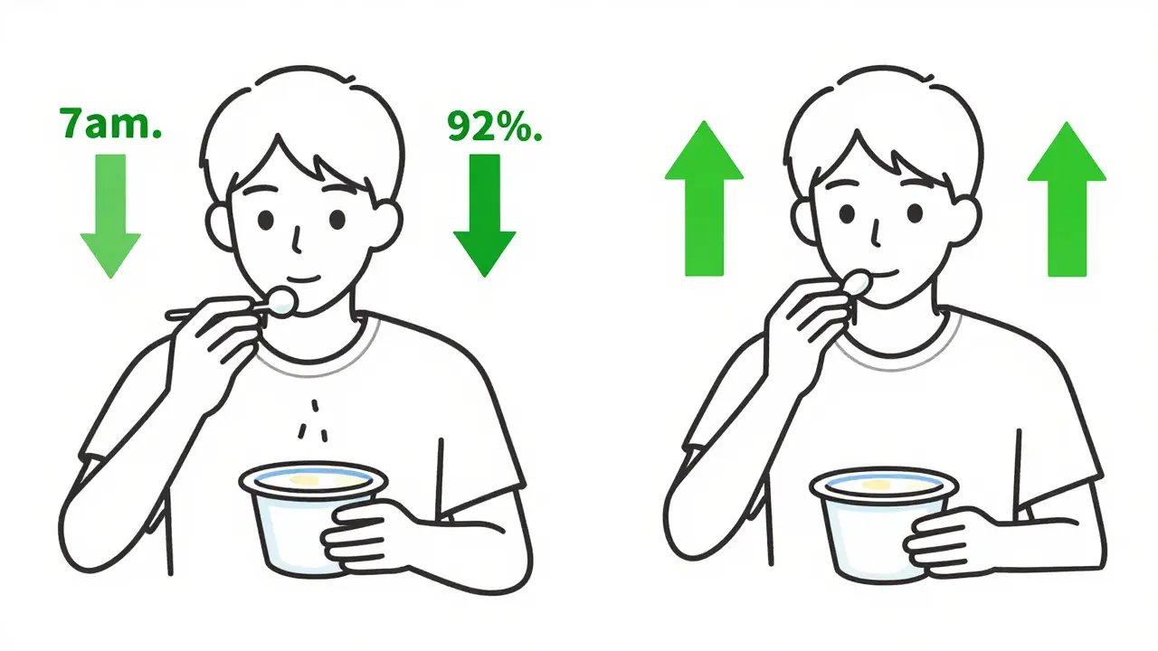 Side-by-side timeline showing antibiotic absorption with and without dairy.