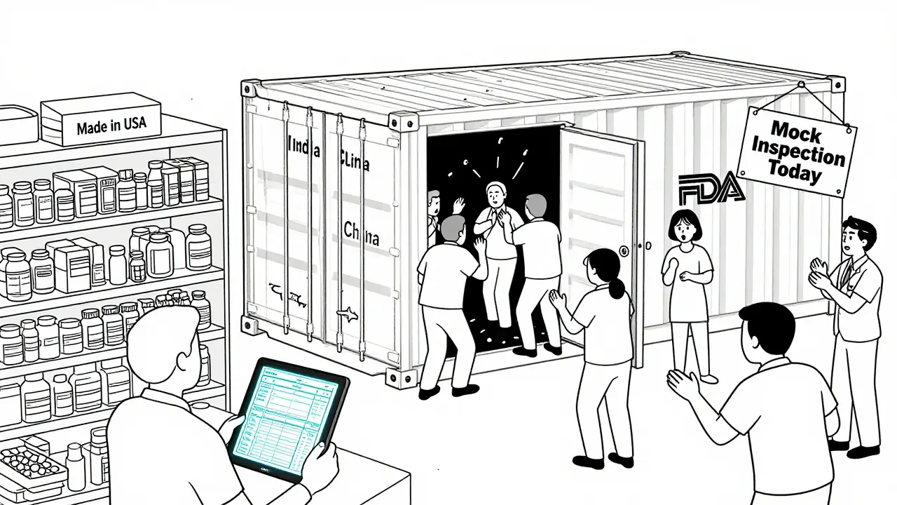 Split scene showing U.S. pharmacy pills vs. unannounced FDA inspection in overseas factory, monoline style.