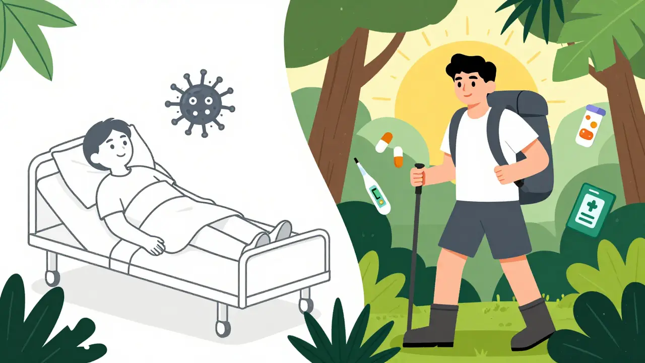 Split scene: sick traveler vs. prepared traveler in tropical setting, symbolizing prevention.