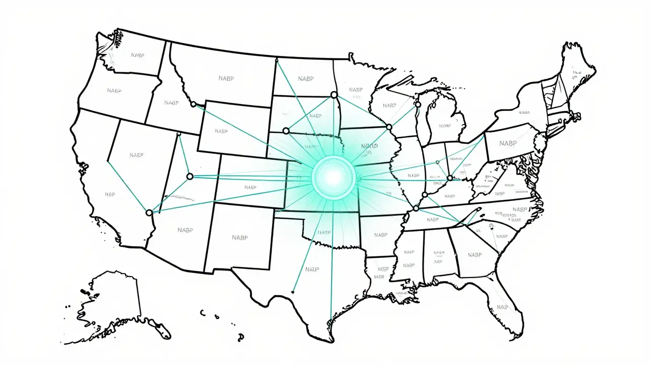 US map with connected nodes representing state board network
