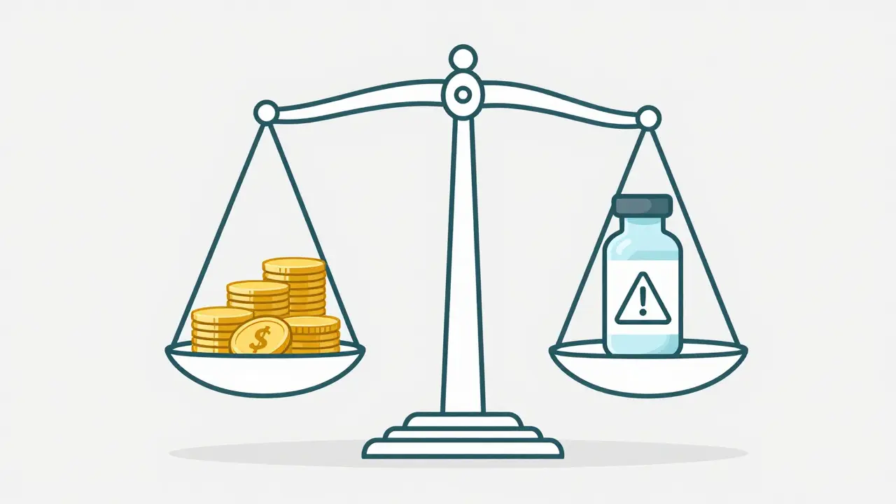 A balance scale weighing monetary savings from generic drugs against the risks of NTI medications.
