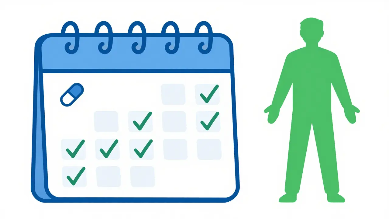 A calendar with checkmarks showing a completed course of antibiotics for full recovery.